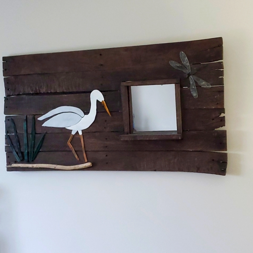 Wall mirror made with reclaimed wood, stained glass, beach wood.